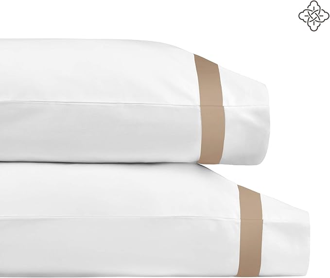 BIOWEAVES 100% Organic Cotton Banded Pillow Cases Soft Sateen Weave GOTS Certified – Standard/Queen Size, Set of 2, White & Sand