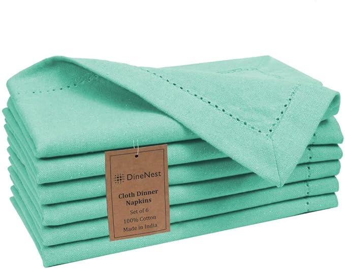 Hemstitch Dinner Napkins 100% Cotton Set of 6 - for Dining Weddings Parties Holidays Easter Everyday Use - Soft Durable Washable Table Napkins - 18x18 Inch Cloth Napkins Turquoise Blue