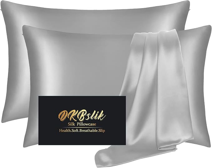 Silk Pillow Cases 2 Pack, Mulberry Silk Pillowcases Standard Set of 2, Health, Smooth, Anti Acne, Beauty Sleep, Both Sides Natural Silk Satin Pillow Cases for Women 2 Pack with Zipper for Gift, Grey