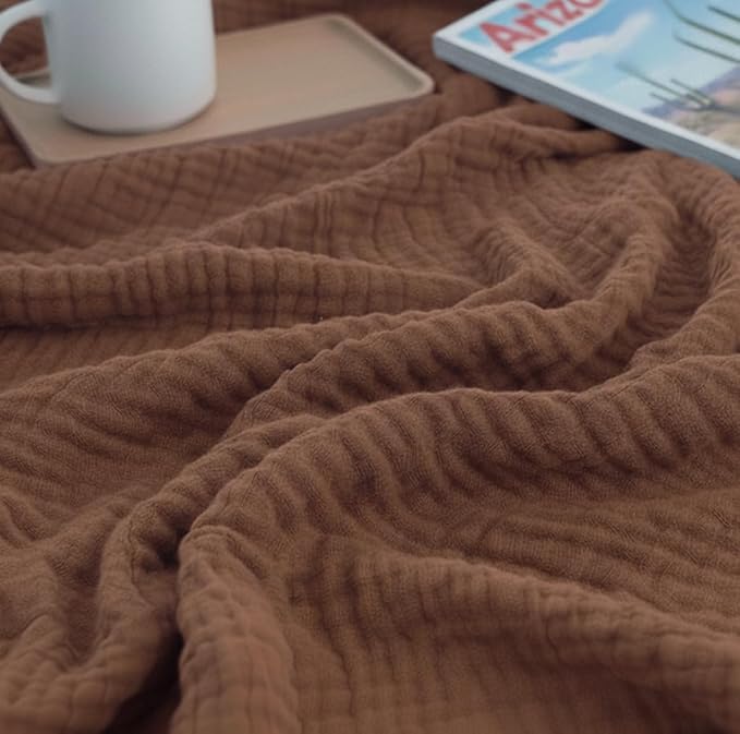 KyraHome 100% Cotton Throw Blankets, 90"x104" King Size, Organic Cotton Pre-Washed, Lightweight Gauze Fall Throw Blankets, Layering Muslin Blankets Bed Coverlet, All Season, (Brown)