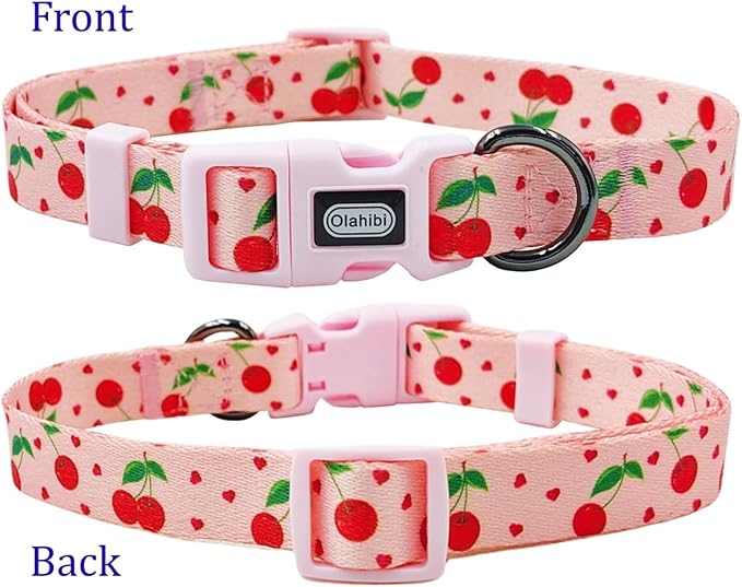 Dog Collar Leash Set, Fruit Pattern, Polyester Material, Adjustable Collar and 5ft Matching Leash, for Medium Dogs.(M, Pink Cherry)