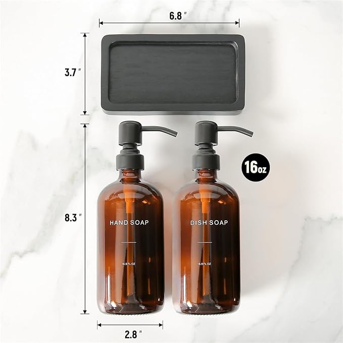 Liquid Dispenser Soap Dispenser Set Glass with Stainless Steel Pump Countertop Soap Bottle(Amber Bottle+Black Pump)