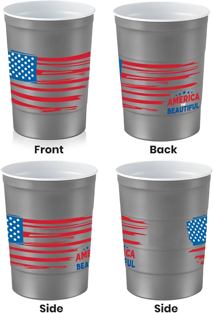 Steel Chill Cups 16 oz. Party Cup America the Beautiful Design for Cold Drinks, Durable, Disposable, Recyclable, Made in USA, Gray, 12 Count