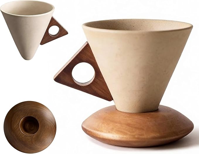 Conical Coffee Cup Vintage Ceramic Mug With Solid Wood Handle & Coaster - Reusable Heat-Resistant Cups Set for Home Office Coffee Tea