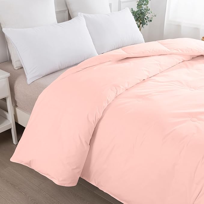 Feather and Loom Button Stitch Down Alternative All Seasons Comforter - Soft and Easy Care Microfiber Cover, Hypoallergenic High Loft Fiber Fill, Machine Washable Color: Blush Size: Full/Queen