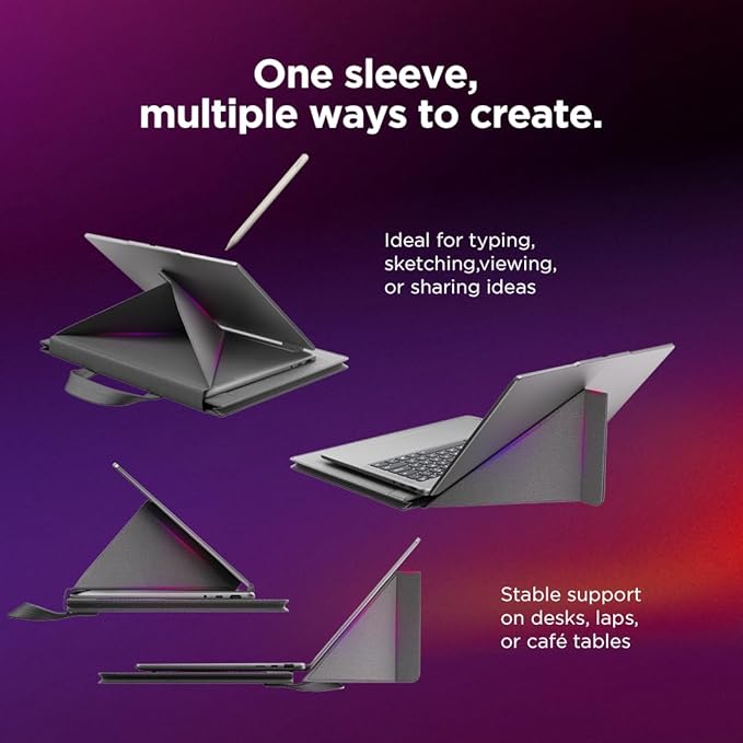 Lenovo Yoga Tote Sleeve Case for Laptops with 14-inch Display, Multi-Compartment Organizer with Convertible Stand, Lightweight Protective Polyester & Microfiber Sleeve, Luna Grey