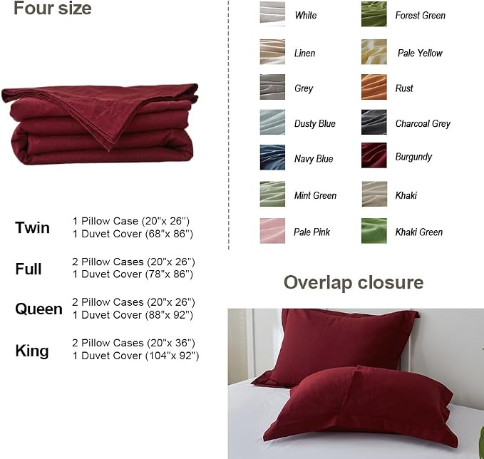 Simple&Opulence French Linen Duvet Cover Set 78" x 86"- 3 Pieces (1 Comforter Cover,2 Pillowcases)- Natural Flax Cotton Blend-Solid Color Breathable Farmhouse Bedding-Burgundy, Full