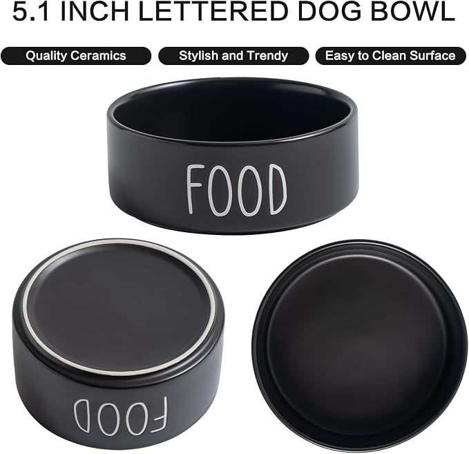 Ceramic Dog Bowls Set of 2 - Weighted Dog Dishes with Food & Water Lettering for Cats and Small Dogs, Food Grade Pet Bowl, Dishwasher & Microwave Safe (5.1 inch, 2 * 16oz, Black)