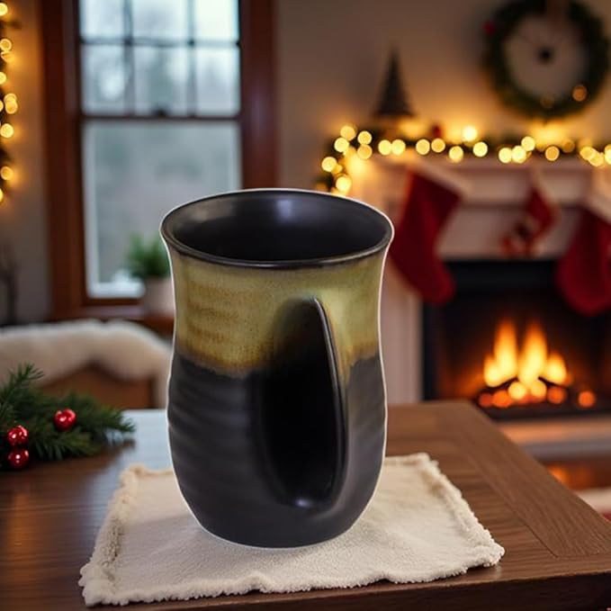 Hand Warmer Coffee Mug for Christmas - 16 Ounce Large Handwarmer Ceramic Mugs Handmade Pottery Gift for with Contoured Pocket, Keep Your Fingers Warmth(Right Handed,Beige/Black)