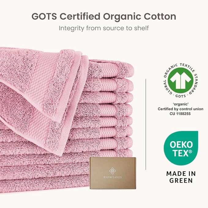 BIOWEAVES 100% Organic Cotton 700 GSM Plush Premium Washcloths 13" x 13" GOTS Certified, Face Towels Perfect for Home & Bathroom - Dusty Pink, Pack of 12
