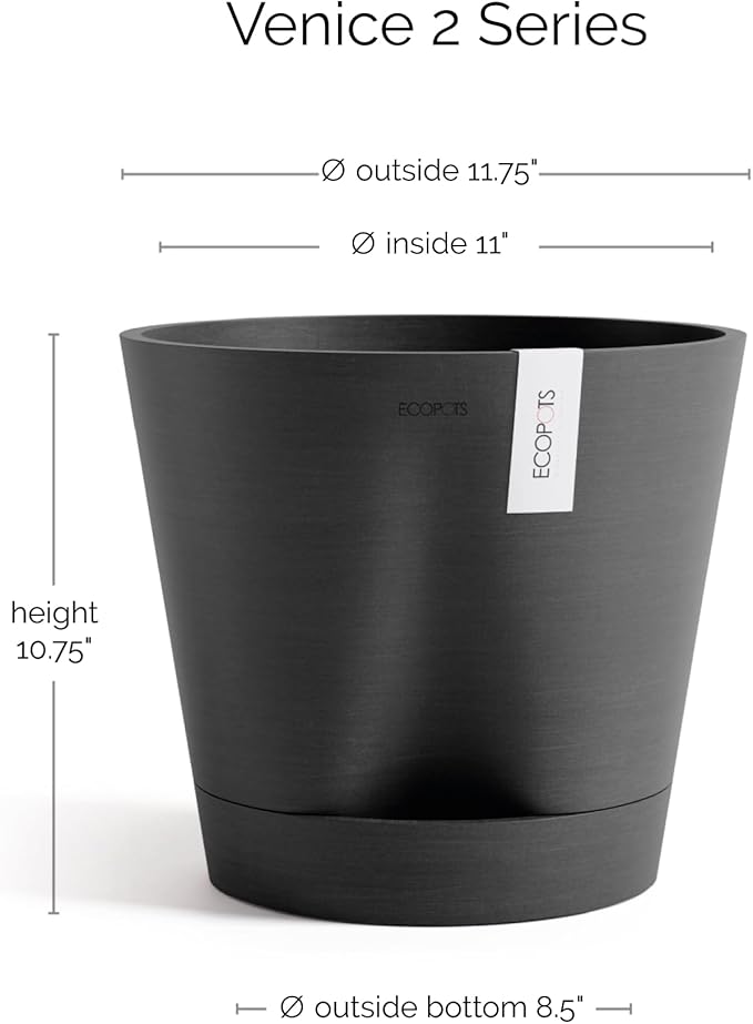 Ecopots Venice 2 Durable Modern Round Indoor/Outdoor Recycled-Based Composite Flower Pot Planter w/Water Reservoir, Dark Grey, 12"