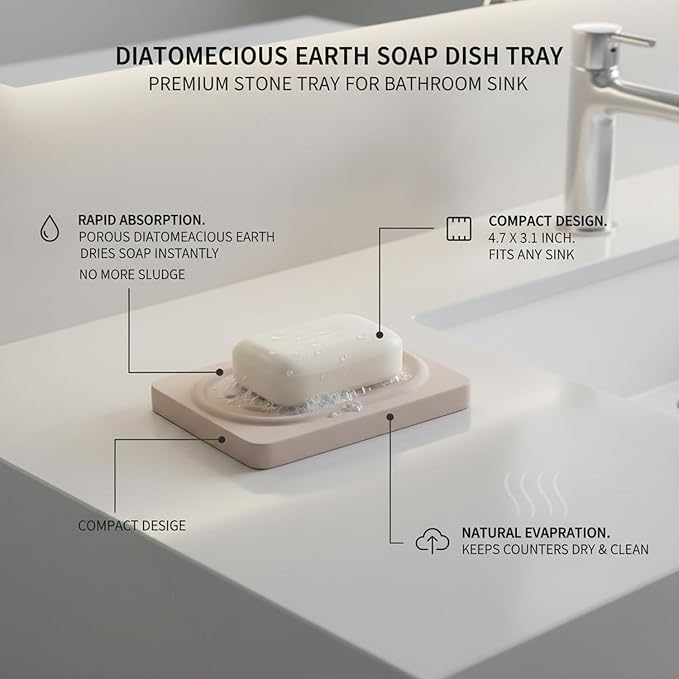 Diatomaceous Earth Soap Dish, Porous Stone Bar Soap Holder for Bathroom Sink & Counter, 4.7 x 3.1 Inch Tray
