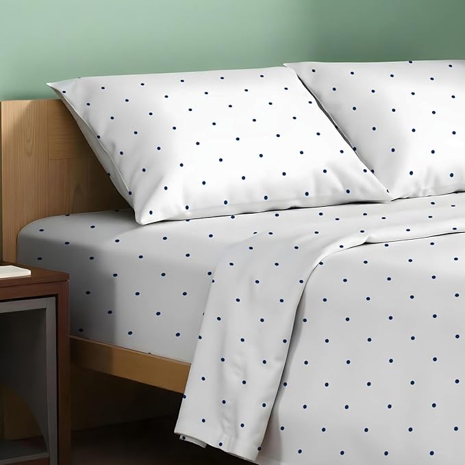 TEXAS LINEN CO. 100% Organic Cotton Percale Sheets Full Size - 4 PC Organic Cotton Full Size Percale Printed Sheet Sets, Soft, Crisp, Cooling Sheets, 16" Deep Pocket Hotel Set - Navy Blue Polka Dot