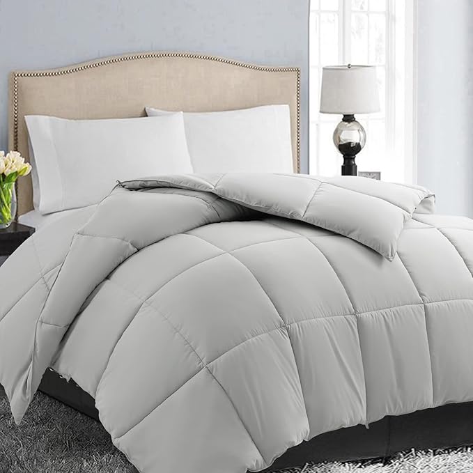 EASELAND California King Down Alternative Comforter - Quilted Duvet Insert for All Seasons, Soft Lightweight with Corner Tabs, Summer Winter Warm Bedding, Light Grey 96x104 Inches