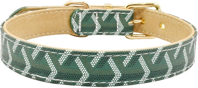 Leather Dog Collar and Leash Set, Check Pattern Dog Collar Leashes Metal Buckle Adjustable Durable for Small Medium Large Dogs (Green, M(11.8-15IN))