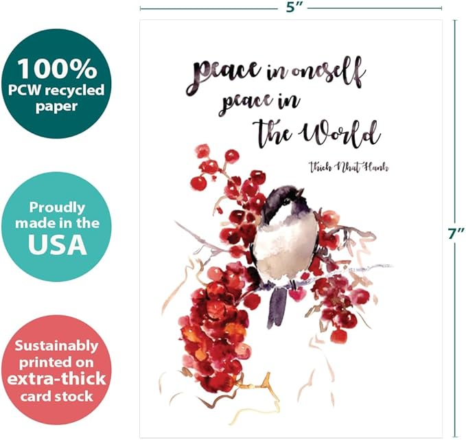 Tree-Free Greetings - Season's Greeting Cards - Artful Designs - 10 Cards + Matching Envelopes - Made in USA - 100% Recycled Paper - 5 x 7 - Peace in the World (HB54432)