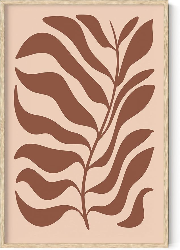 Abstract Organic Leaf Silhouette Wall Art Botanical Shapes Earth Tones Terracotta Mid Century Modern 24x36 Inch Oak Wood Beige Framed Minimalist Print for Bedroom Decor