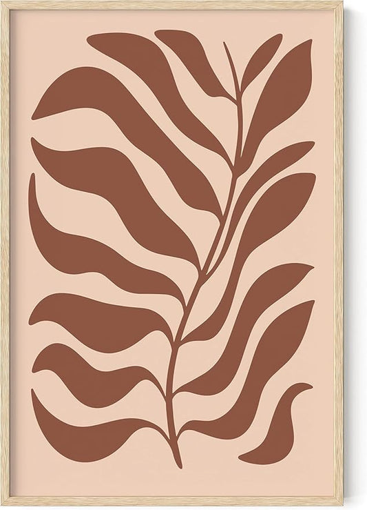 Abstract Organic Leaf Silhouette Wall Art Botanical Shapes Earth Tones Terracotta Mid Century Modern 24x36 Inch Oak Wood Beige Framed Minimalist Print for Bedroom Decor