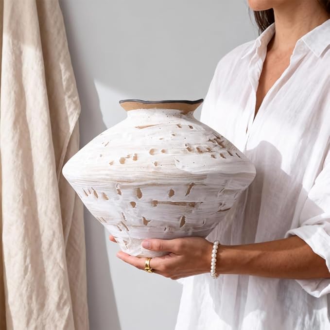 Wabi Sabi Vase 11.5" Rustic White and Brown Distressed Ceramic Vase, Wide Mouth Rustic Vintage Vases for Table Centerpieces, Farmhouse Home Decor for Living Room Entryway Shelf