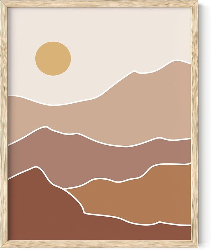 Abstract Mountain Landscape Wall Art Sun Rolling Hills Earth Tones Terracotta Mid Century Modern 11x14 Inch Oak Wood Beige Framed Minimalist Scenery Print for Nursery Decor