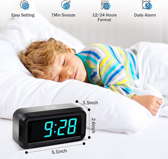 Digital Alarm Clock Battery Operated with LED Display for Bedrooms, Long Battery Life, 3 Brightness Adjustable, 12/24 Hour, Snooze, Black Case with Blue Digits