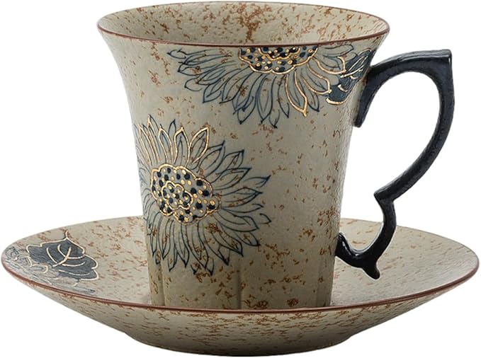 Handmade Sunflower Espresso Cups, Vintage Ceramic Coffee Mug with Saucer, Novelty Tea Cup Set of 1, Dishwasher & Microwave Safe Demitasse for Coffee, Latte, Americano, Tea, 6 oz