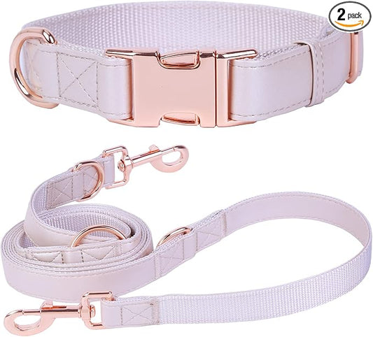 Soft Leather Dog Collar and Leash (6.6') Set - Stylish Rose Gold Heavy Duty Metal Buckle, 4 Adjustable Lengths Leash for Small Medium Large Dogs - Comfortable & Easy to Clean S(12.2"-16.9"), Gold Pink