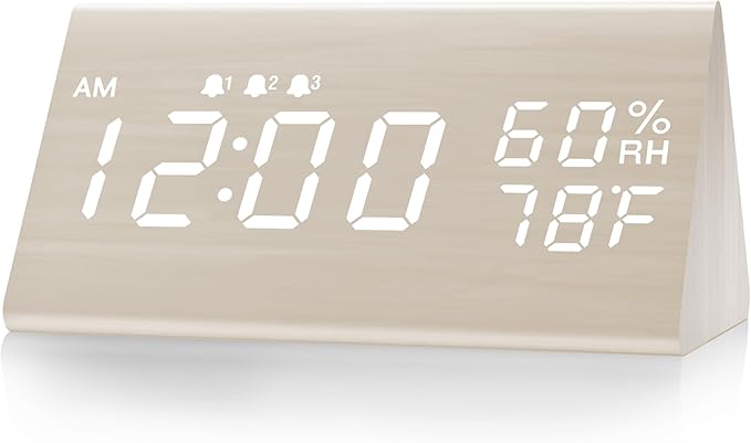 JALL Wooden Digital Alarm Clock for Bedroom, 3 Alarms with Large Numbers, Humidity and Temperature Display, 6-Level Dimmer, Snooze, Loud Desk Clock for Heavy Sleepers, Plug in (White)