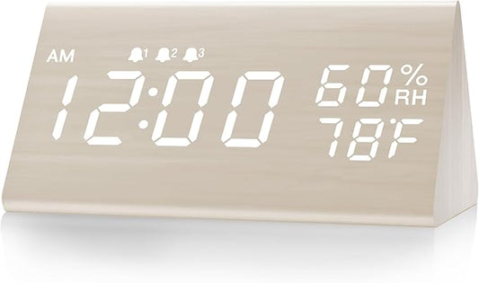 JALL Wooden Digital Alarm Clock for Bedroom, 3 Alarms with Large Numbers, Humidity and Temperature Display, 6-Level Dimmer, Snooze, Loud Desk Clock for Heavy Sleepers, Plug in (White)
