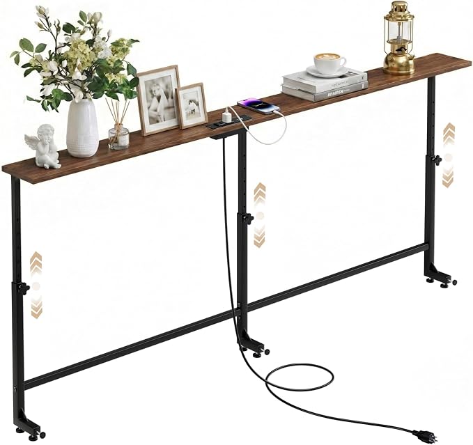 Faesun 70.9 Inch Behind Couch Table, 24"-32" Adjustable Height Range, Behind The Couch Table with Outlet, Adjustable Console Table, Narrow Long Sofa Table, for Living Room, Walnut
