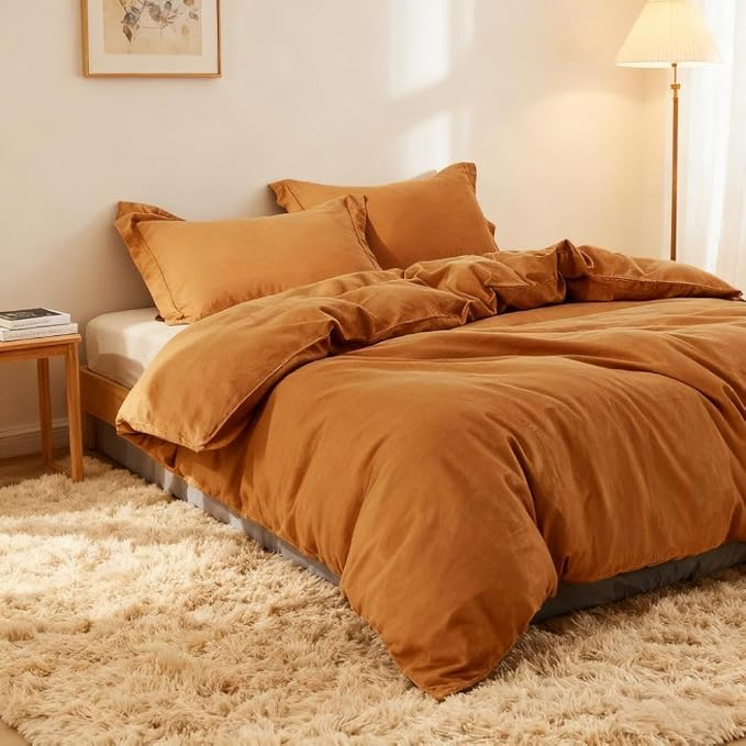 Simple&Opulence French Linen Duvet Cover Set - Natural Flax Cotton Blend Solid Color Breathable Farmhouse Bedding-Rust,California King