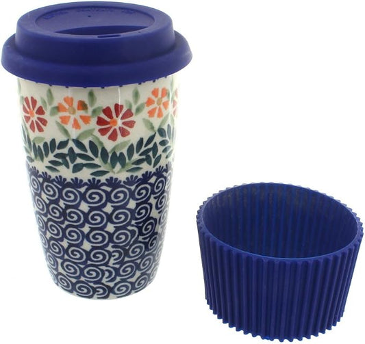 Blue Rose Polish Pottery - Orange Garden Bouquet Travel Coffee Mug - 12 oz - Mug for On-The-Go, Fits Most Car Cup Holders