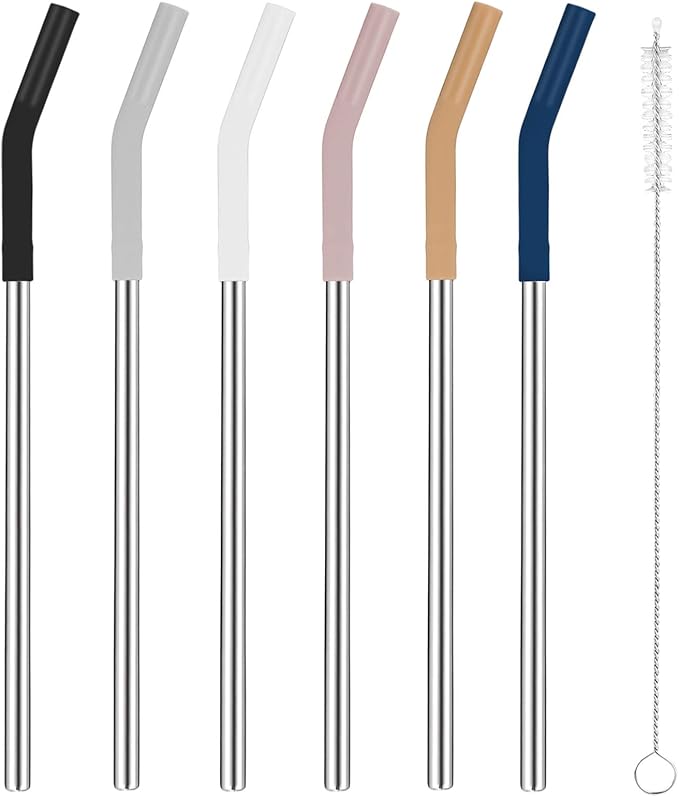 Tronco Set of 6 Stainless Steel Reusable Metal Straws with Silicone Flex Tips Elbows Cover, Metal Drinking Straws for Tronco Tumbler, 6 Steel Straws,6 Silicone Tips,1 Straw Cleaning Brush