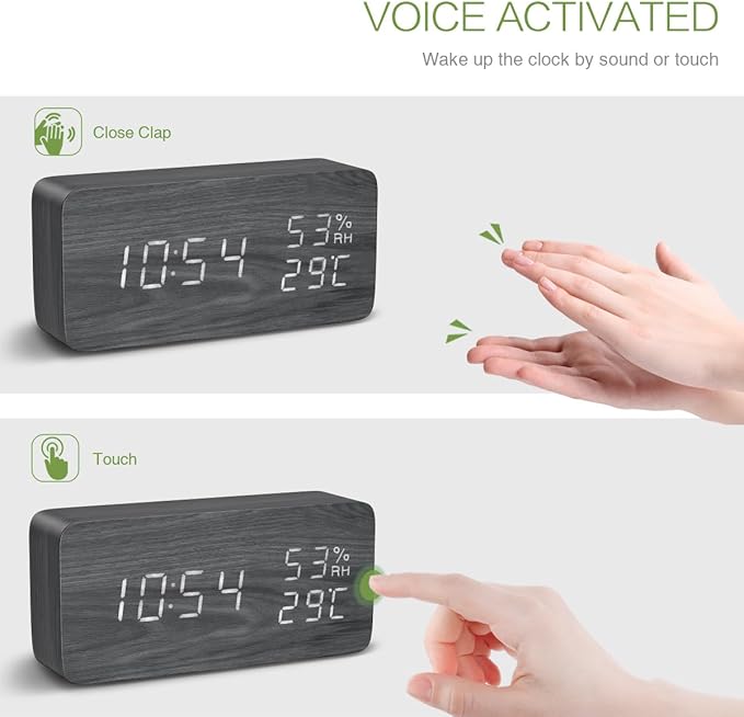 KeeKit Digital Wooden Alarm Clock, Electronic LED Desktop Clock with Temperature Humidity Time Display, 3 Alarm Settings, Voice Control, 3 Levels Adjustable Brightness for Home, Bedroom, Office