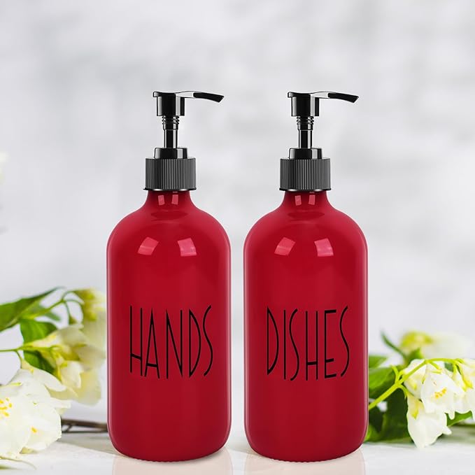 Dish Soap Dispenser for Kitchen - 16 OZ Glass Hand Soap Dispenser Set - Kitchen Bathroom Decor and Accessories (Red)