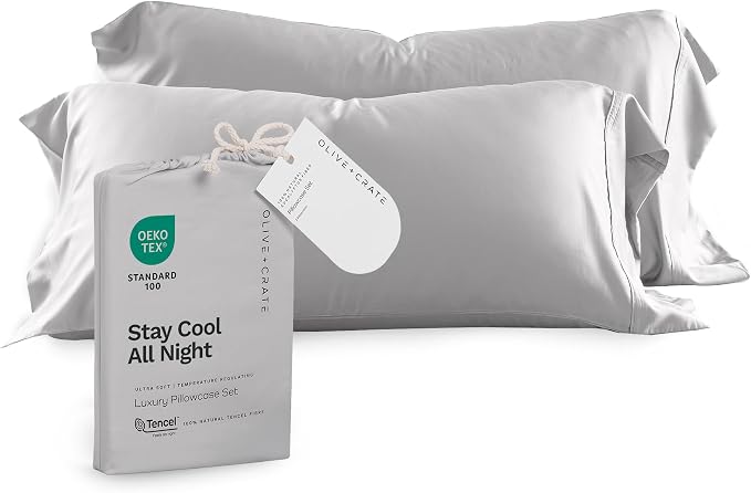 Olive + Crate Tencel Eucalyptus Pillowcases - 100% Tencel Lyocell Cooling Pillow Cases for Hot Sleepers - Hypoallergenic, Moisture-Wicking, Silk Alternative, Vegan - Queen Size Set of 2 [Gray Mist]
