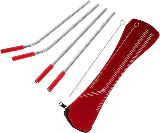 Reusable Stainless Steel Straws Set with Red Case and Food-grade Silicone Tips, 304 Metal Milk and Water Bottle Straws for Smoothies, Includes Cleaning Brush for Travel and Party