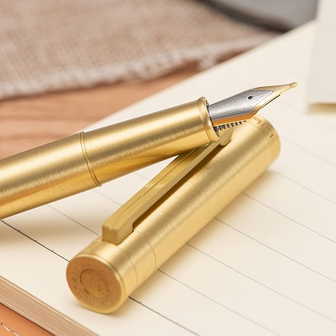 HONG DIAN 1861 Fountain Pen, Long Blade Nib, Raw Brass Design with Converter and Metal Pen Case Set