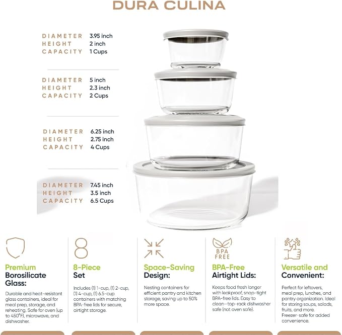 8-Piece Glass Food Storage Containers Set (4 Containers + 4 Lids) | Round, Nesting, Microwave & Dishwasher Safe | BPA-Free, Space-Saving | Grey Lids for Pantry & Kitchen Organization, Grey