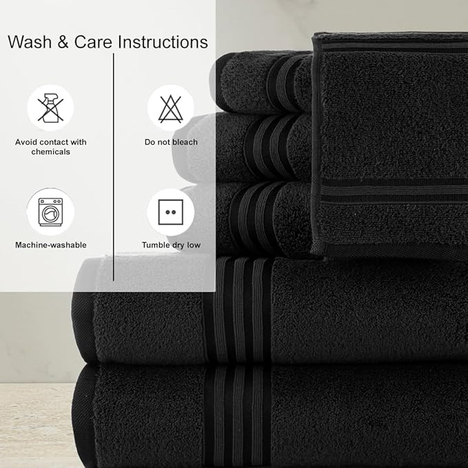 CASA COPENHAGEN Zero Twist 6Pcs 100% Egyptian Cotton Large Designer Towels Gift Set- Pitch Black, 600 GSM, 2Bath 2Hand 2Washcloths, Bath Towels for Bathroom Set for Women & Men