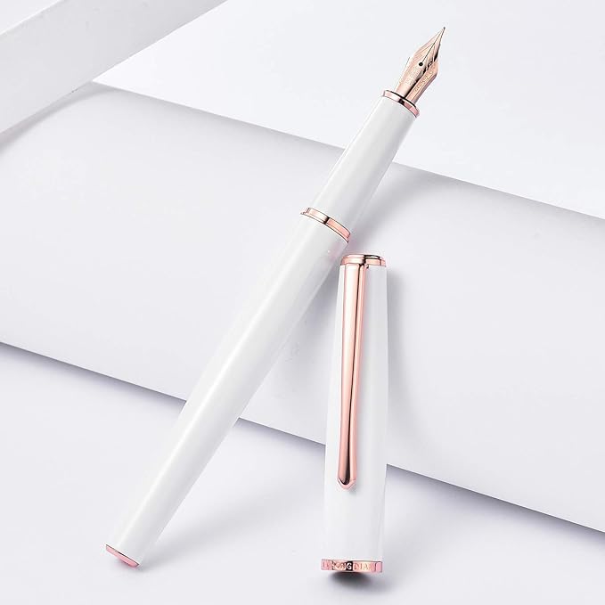 HongDian 920 White Metal Fountain Pen, Rose Gold Plated Extra Fine Nib Smooth Writing Pen, Classic Pen with Ink Converter
