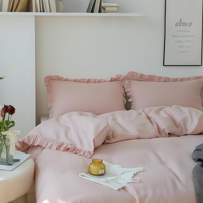 Simple&Opulence 100% Linen Duvet Cover Set, 3 PCS Natural French Flax Blush Pink Ruffle Duvet Cover Full Size, Breathable Comfy Linen Bedding Comforter Cover with 2 Pillowcases (Blush Pink, 78" X 86")