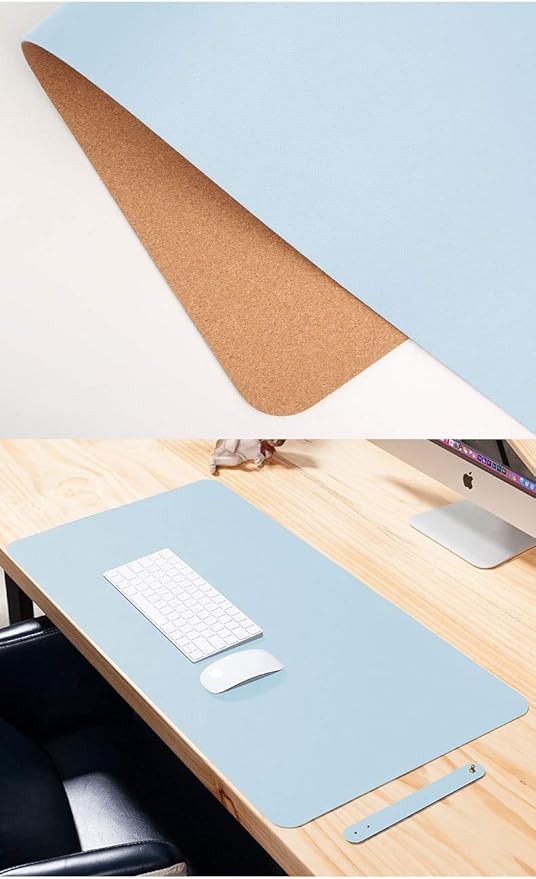 Ruby Lil Natural Cork & Leather Desk Writing Mat, Dual Use Desk Matt for Desktop,Multifunctional Office Desk Pad, PU Leather Mouse Pad,Light Blue,35"x 18"