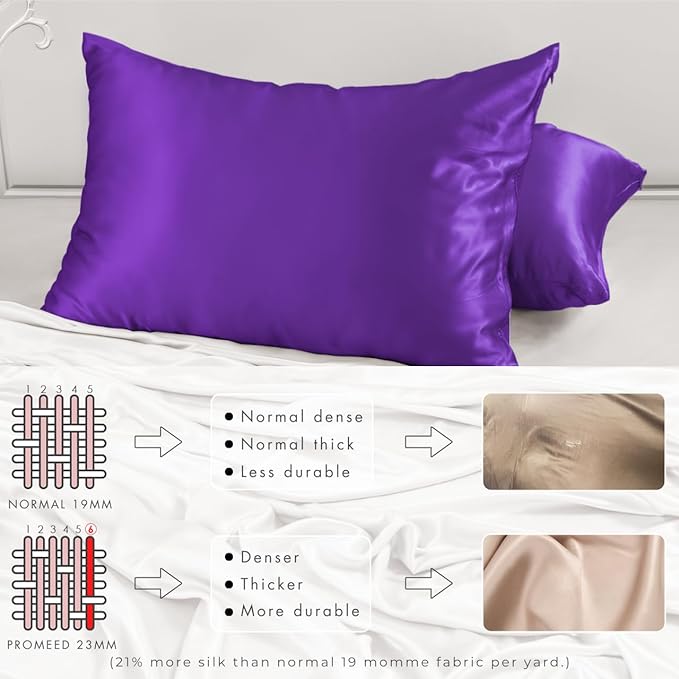 PROMEED 100% Mulberry Silk Pillowcase Set of 2, 23 Momme 3rd Gen Grade 6A+ 100% Mulberry Silk Pillow Cases 2 Pack, Real Silk Pillow Cover for Acne Prone Skin (King 20"x36", Purple)