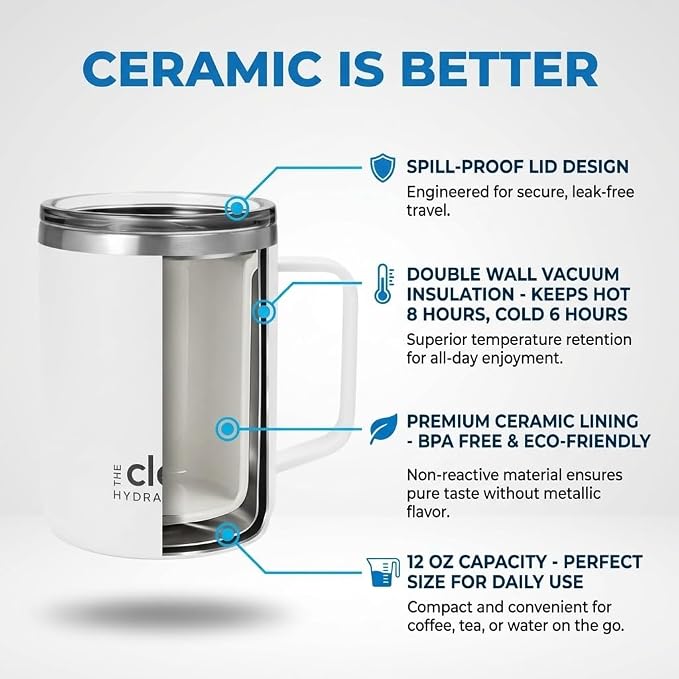 Coffee Mug Travel Mug Insulated 12 Oz | Ceramic Lined Travel Cup with Lid | Reusable Office Mug Double Wall Vacuum Eco-Friendly BPA-Free (Aqua) (White)