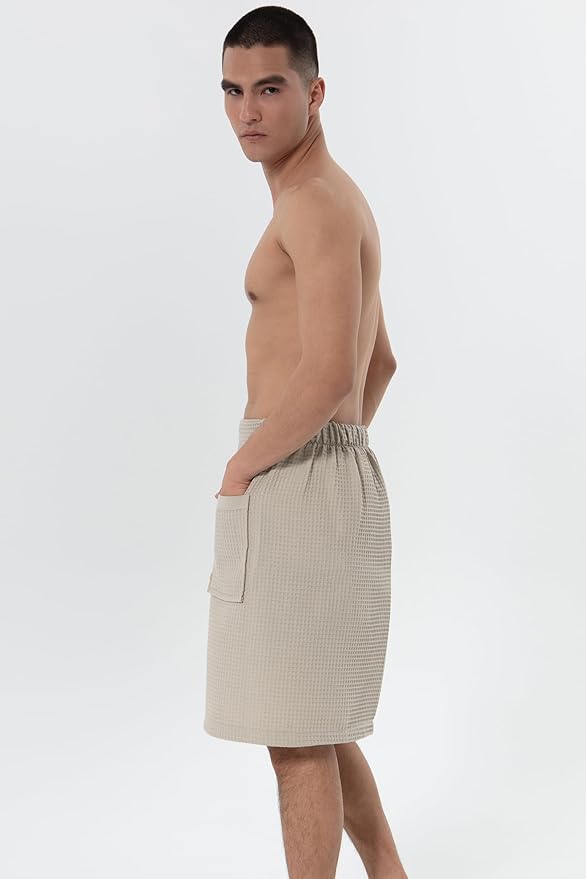 SEYANTE Men's Organic Waffle Spa Wrap – GOTS Certified 100% Turkish Cotton, Adjustable Closure, Same-Color Piping
