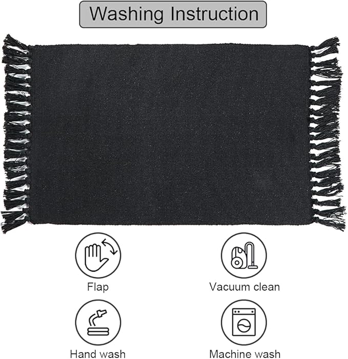 Seavish Black Kitchen Rug, 2x3 Cotton Hand Woven Recycled Throw Rug Runner Braided Entryway Floor Mat for Laundry Room Bathroom Bedroom Dorm