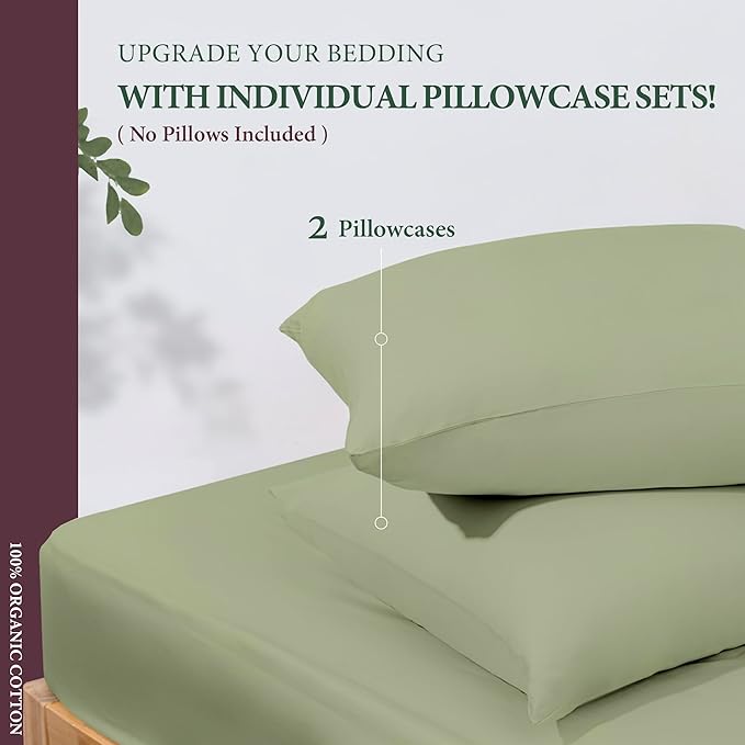 100% Organic Cotton Percale Pillow Cases Standard/Queen Size Set of 2 - Percale Pillowcases Standard/Queen, Soft Cooling Pillow Cases for Sleeping, Cotton Pillowcovers - Sage Green
