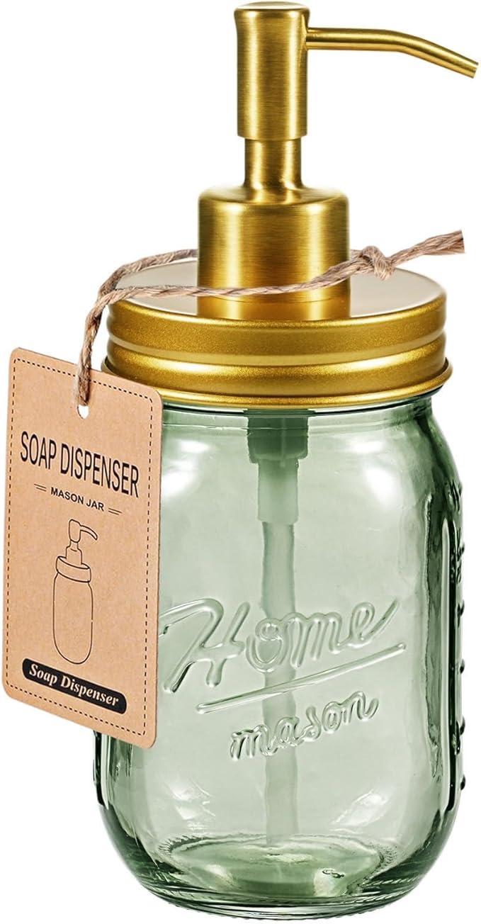 SheeChung Mason Jar Green Glass Soap Dispenser, Stainless Steel Pump, Refillable Dish soap Dispenser for Kitchen, 16Oz Bathroom Hand Soap Dispenser for Lotion, Liquid, Farmhouse Decor-Gold, 1 Pack