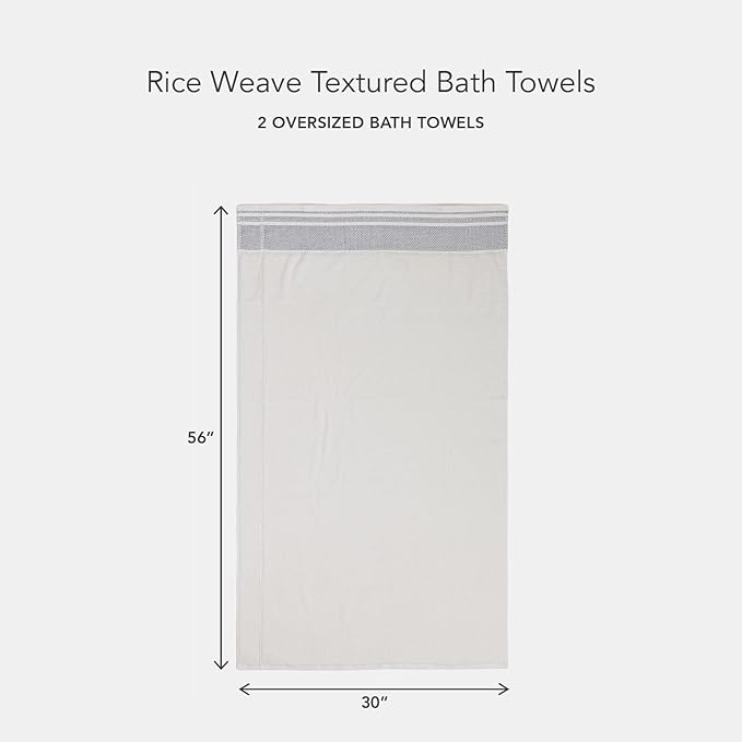 Texere 100% Organic Cotton Rice Weave Jacquard 700 GSM Luxury Bath Towel Sets - 2 Large Bath Towels (Rice Weave, Cream w/Blk, 2 Bath Towels)